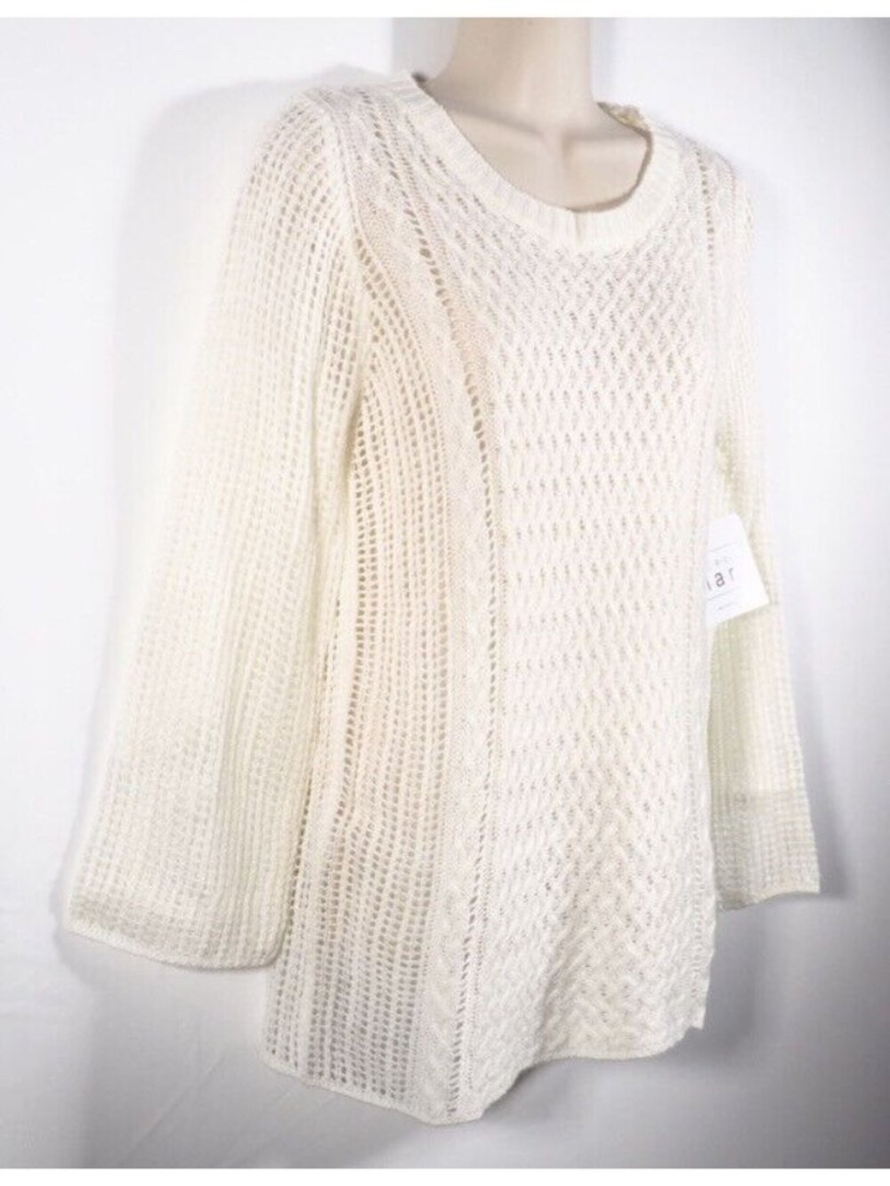 Keren Hart Womens Sweater SIze M Crocheted Ivory Crew Neck Bell Long Sleeve - Picture 4 of 10